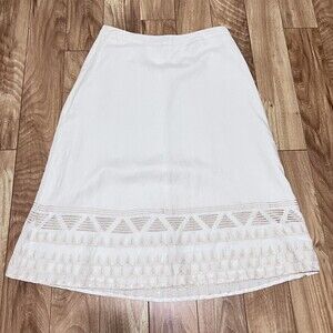 Ashley Stewart White Linen Blend Skirt Size 12W Embroidery Hem Bohemian Aztec